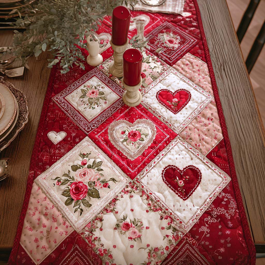 Pink Blossom Hearts Quilted Table Runner BTO2001018, Valentine’s Day Table Runner with Heart Pattern