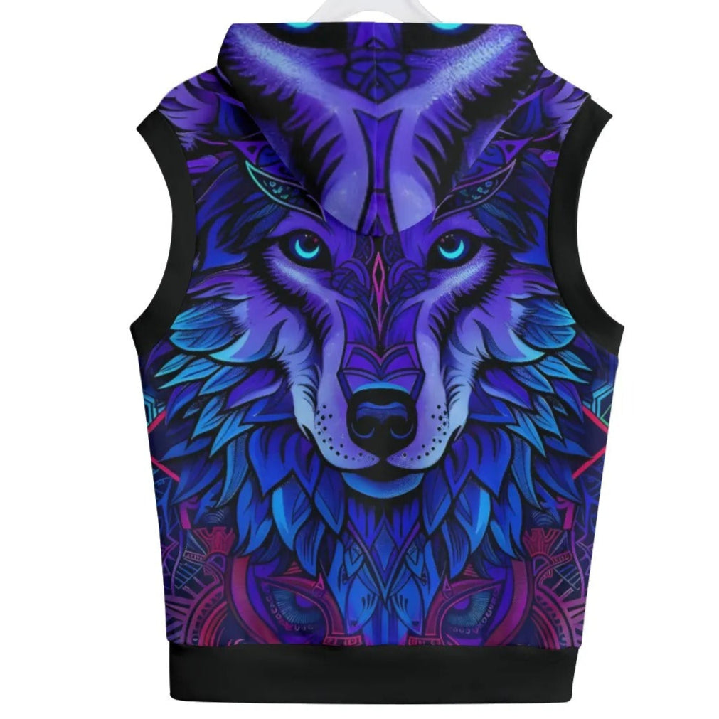Wolf Mandala Sleeveless Hoodie, Tribal Spirit Animal Pullover Tank for Men, Purple Boho Gym Top, Festival Streetwear