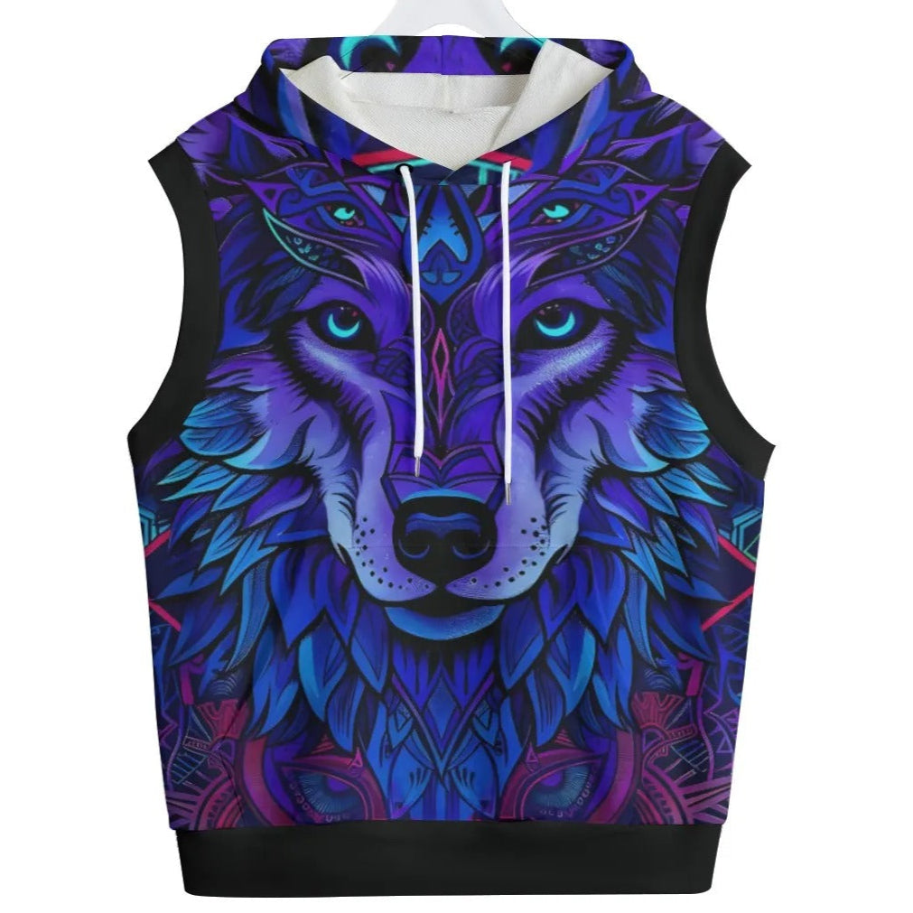 Wolf Mandala Sleeveless Hoodie, Tribal Spirit Animal Pullover Tank for Men, Purple Boho Gym Top, Festival Streetwear