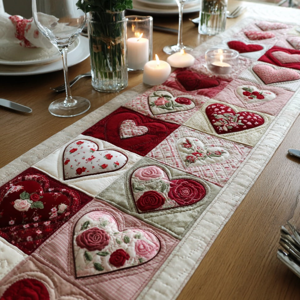 Pure Romance Quilted Table Runner BTO2001005, Valentine’s Day Table Runner with Heart Pattern