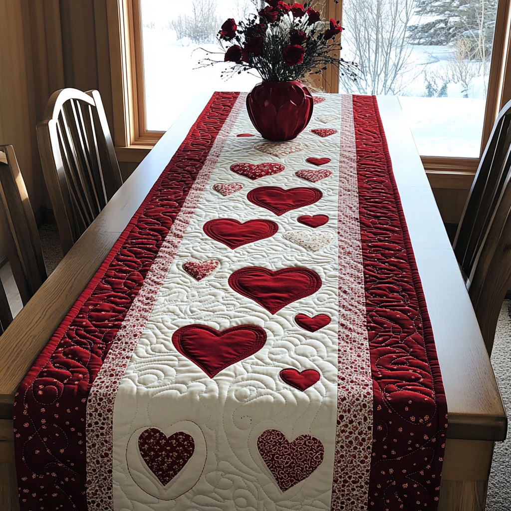 Pure Heart Quilted Table Runner BTO2001026, Valentine’s Day Table Runner with Heart Pattern
