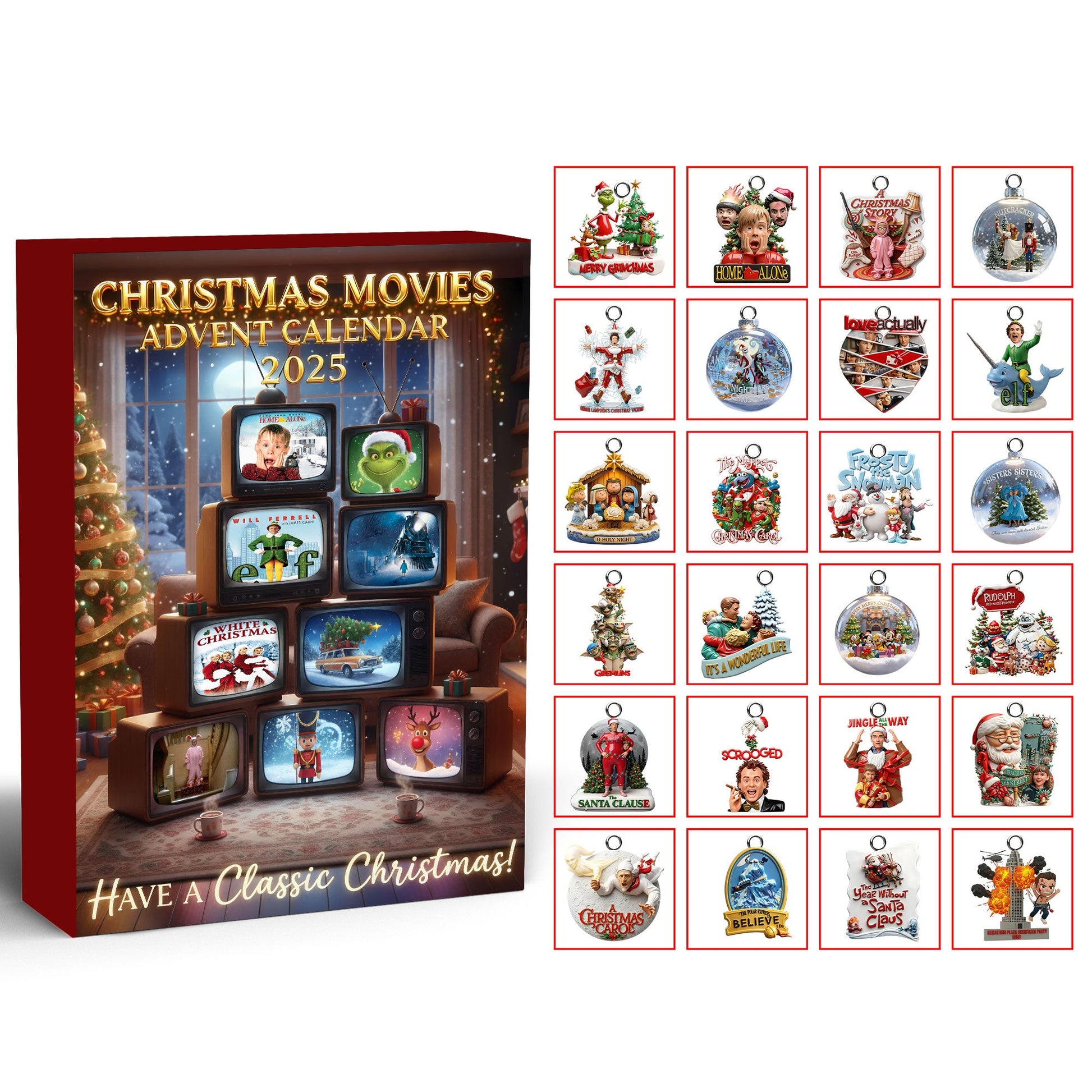 Retro Christmas Movie Style Advent Calendar 2025, Vintage Holiday Countdown, 24 Ornament Surprise Box, Cozy Winter Gift