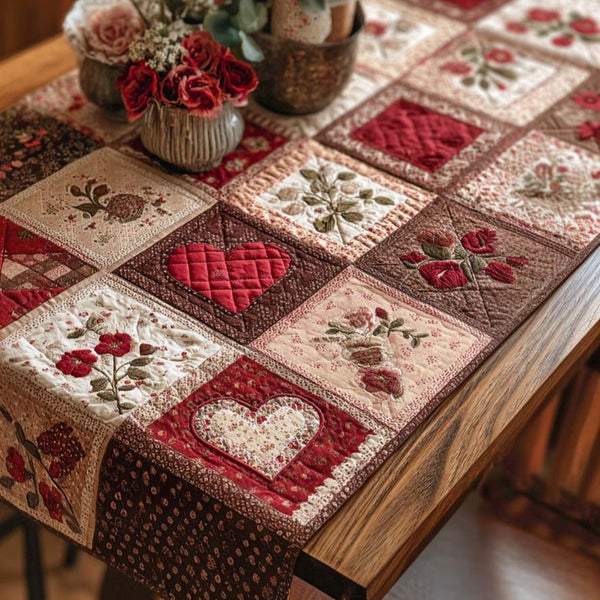 Rustic Red Garden Quilted Table Runner BTO2001056, Valentine’s Day Table Runner with Heart Pattern