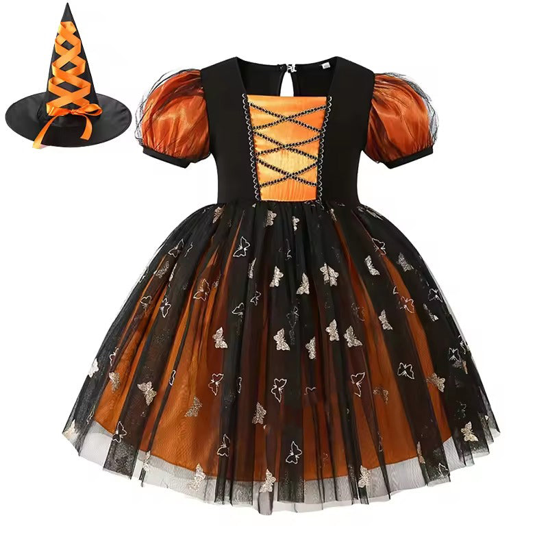 Kids Witch Halloween Costumes Dress, Toddler Girls Pumpkin Witch Outfit, Orange Black Tutu Dress for Halloween Party Cosplay, Halloween Costumes For Kids