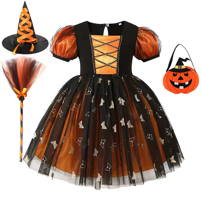 Kids Witch Halloween Costumes Dress, Toddler Girls Pumpkin Witch Outfit, Orange Black Tutu Dress for Halloween Party Cosplay, Halloween Costumes For Kids