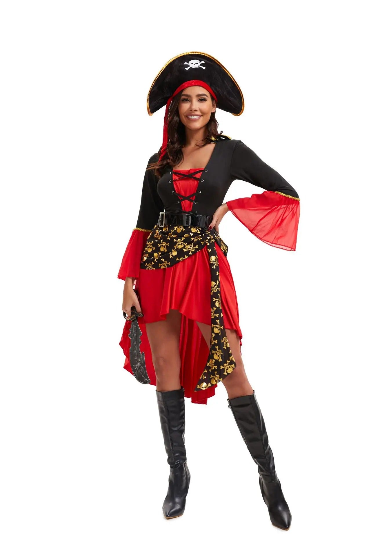 Halloween Costumes For Woman, Pirate Costume Women, Steampunk Pirate Dress Female, Halloween Cosplay Plus Size, Renaissance Pirate Dresses with Hat and Belt