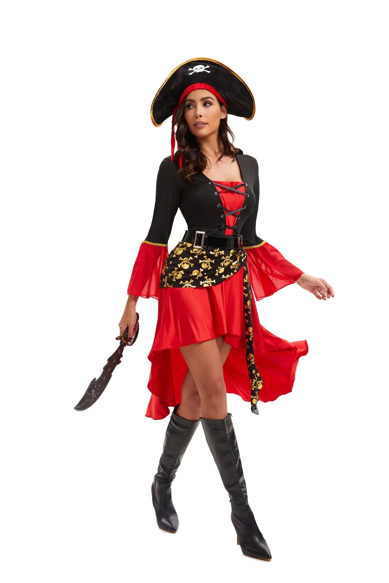 Halloween Costumes For Woman, Pirate Costume Women, Steampunk Pirate Dress Female, Halloween Cosplay Plus Size, Renaissance Pirate Dresses with Hat and Belt