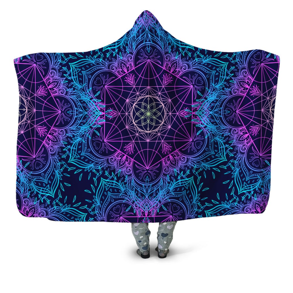 Sacred Geometry Mandala Hooded Blanket – Psychedelic Boho Wearable Throw, Spiritual Cozy Gift for Yoga, Meditation, Festival Lovers. BLKAC03
