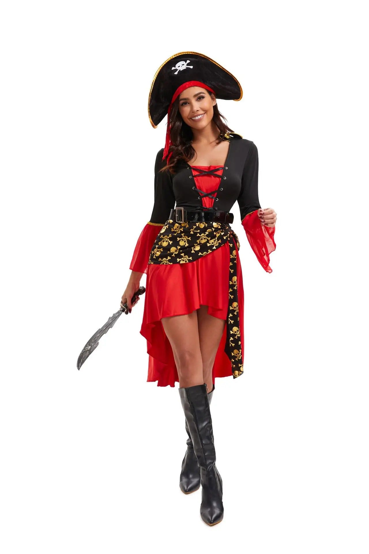 Halloween Costumes For Woman, Pirate Costume Women, Steampunk Pirate Dress Female, Halloween Cosplay Plus Size, Renaissance Pirate Dresses with Hat and Belt