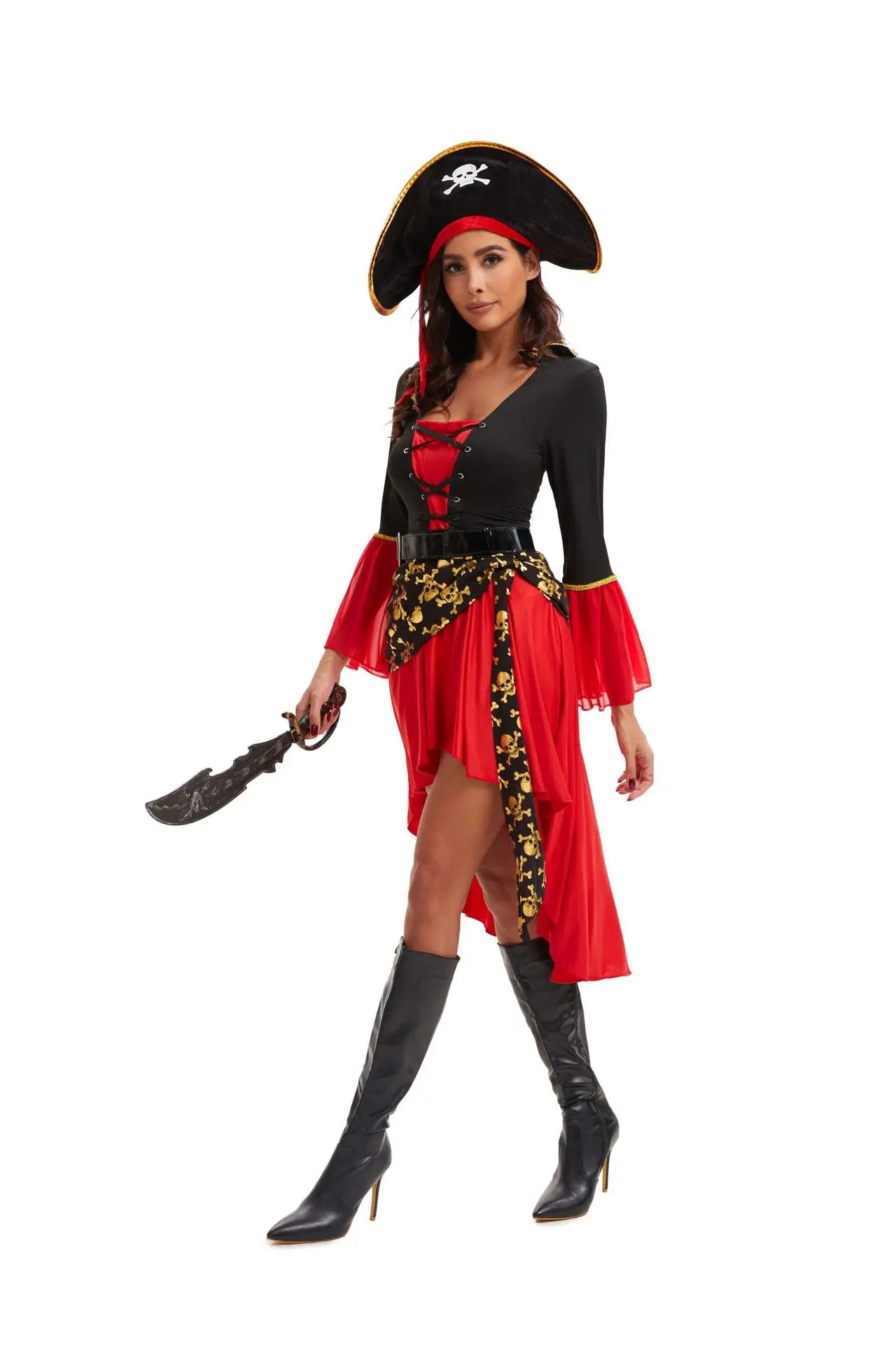 Halloween Costumes For Woman, Pirate Costume Women, Steampunk Pirate Dress Female, Halloween Cosplay Plus Size, Renaissance Pirate Dresses with Hat and Belt