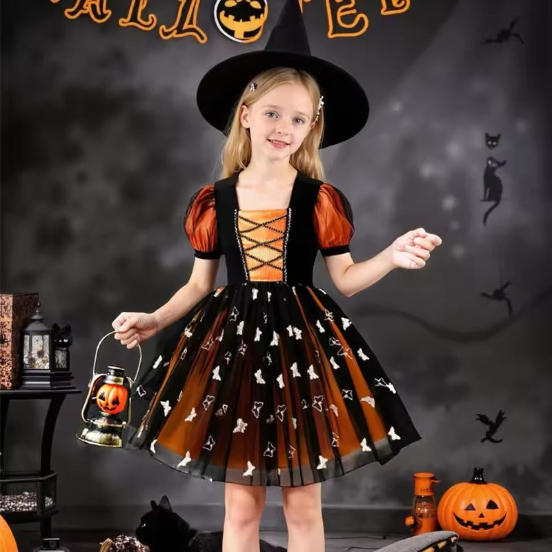 Kids Witch Halloween Costumes Dress, Toddler Girls Pumpkin Witch Outfit, Orange Black Tutu Dress for Halloween Party Cosplay, Halloween Costumes For Kids