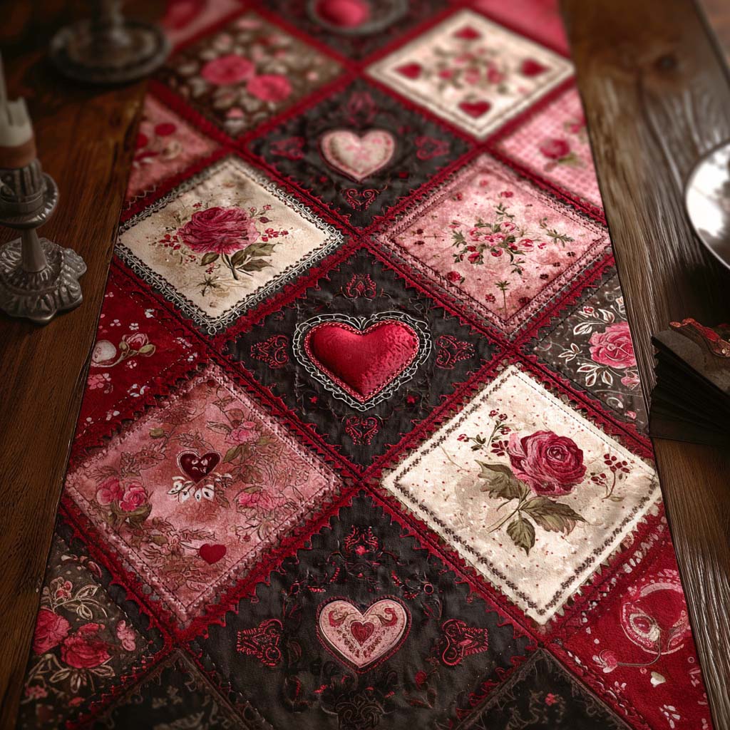 Scarlet Romance Quilted Table Runner BTO2001025, Valentine’s Day Table Runner with Heart Pattern