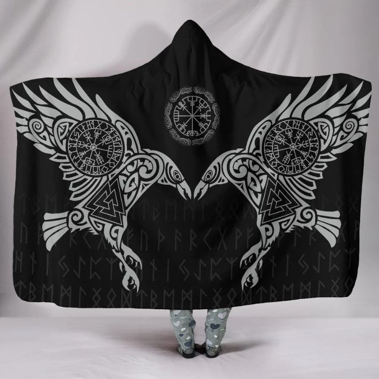 Viking Hooded Blanket with Huginn Muninn Ravens, Vegvisir Rune Symbols, Valknut Norse Design, Sherpa Fleece Cloak for Men Women, Nordic Mythology Gift Wrap. BLKAC39