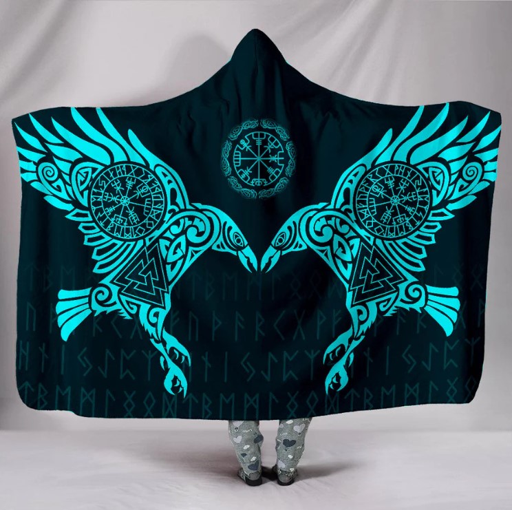 Viking Hooded Blanket with Blue Ravens Huginn Muninn, Vegvisir Valknut Norse Symbols, Sherpa Fleece Cloak Cape for Men Women, Nordic Rune Warrior Gift Wrap. BLKAC40