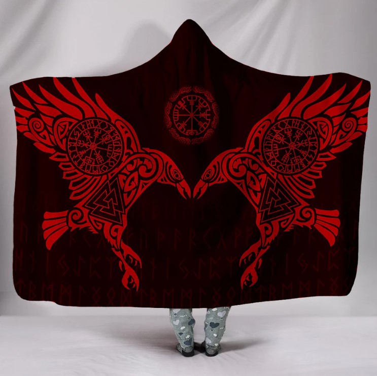 Viking Hooded Blanket with Red Ravens Huginn Muninn, Vegvisir Valknut Norse Symbols, Sherpa Fleece Warrior Cloak for Men Women, Nordic Mythology Gift Cape. blkac41