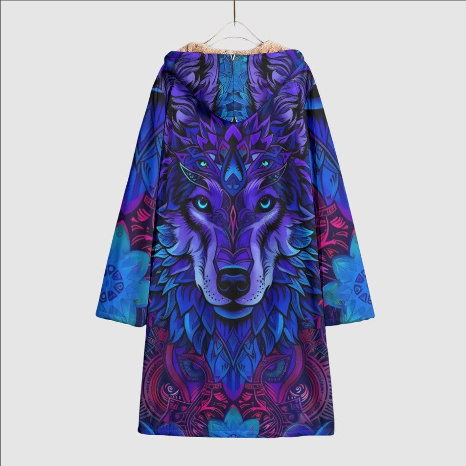 Wolf Mandala Hooded Cloak – Purple Tribal Animal Coat with Fleece Lining, Spiritual Boho Festival Jacket