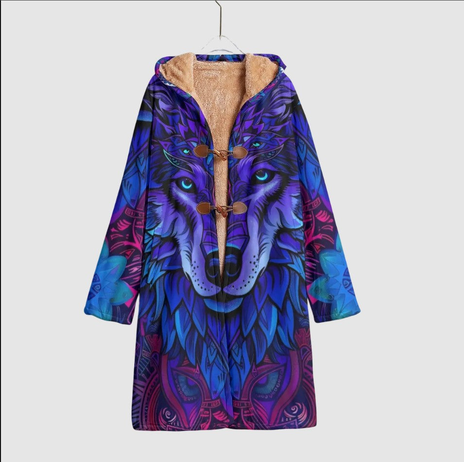 Wolf Mandala Hooded Cloak – Purple Tribal Animal Coat with Fleece Lining, Spiritual Boho Festival Jacket