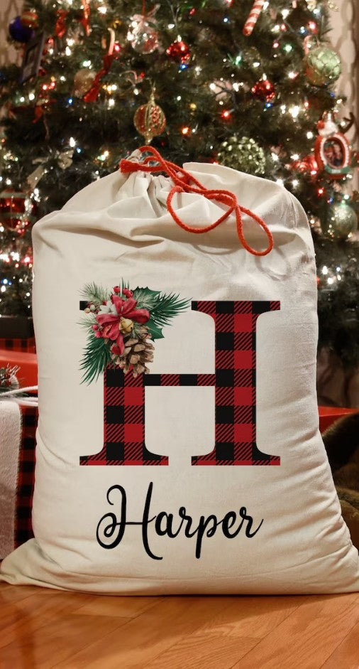 Personalized Christmas Gift Bag, Custom Santa Sack with Initial & Name, Plaid Letter Holiday Bag, Large Xmas Gift Bag for Kids & Family
