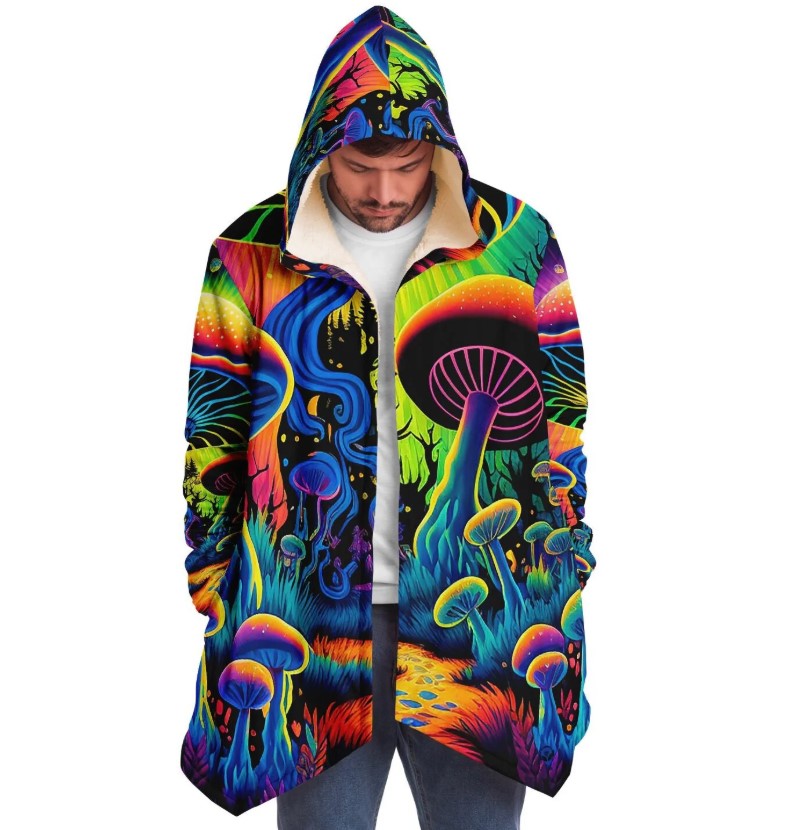 Mushroom Land Festival Cloak | Hooded Cloak - Rave Cloak - Festival Jacket - Micro-Fleece Cloak - Mushroom Cloak