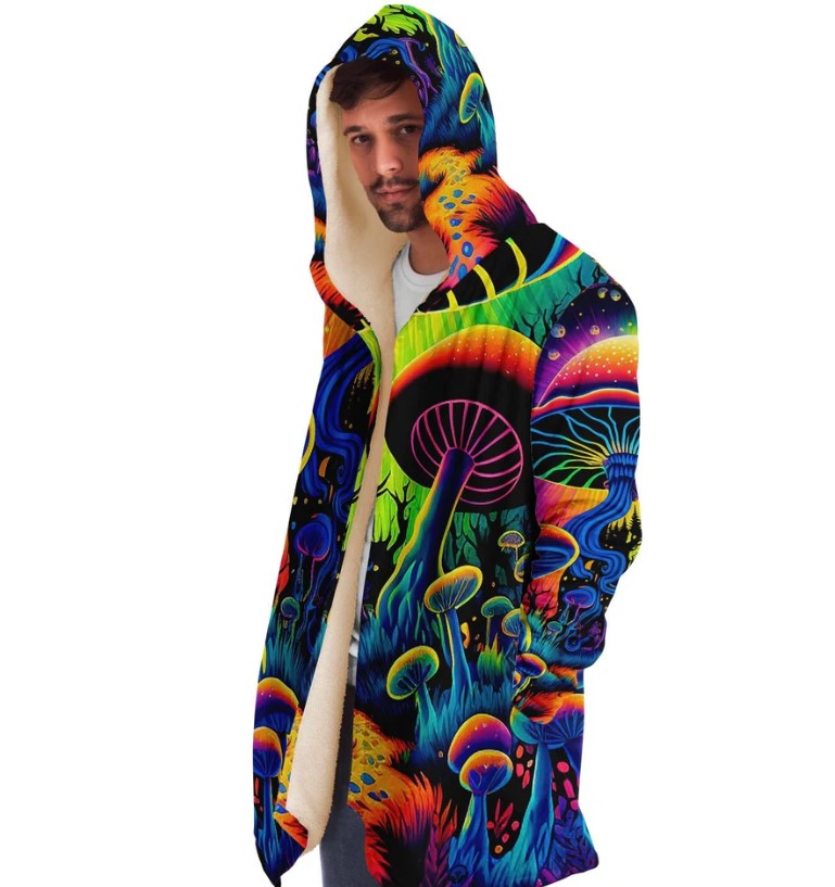 Mushroom Land Festival Cloak | Hooded Cloak - Rave Cloak - Festival Jacket - Micro-Fleece Cloak - Mushroom Cloak