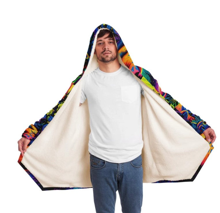 Mushroom Land Festival Cloak | Hooded Cloak - Rave Cloak - Festival Jacket - Micro-Fleece Cloak - Mushroom Cloak