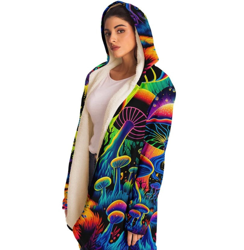 Mushroom Land Festival Cloak | Hooded Cloak - Rave Cloak - Festival Jacket - Micro-Fleece Cloak - Mushroom Cloak