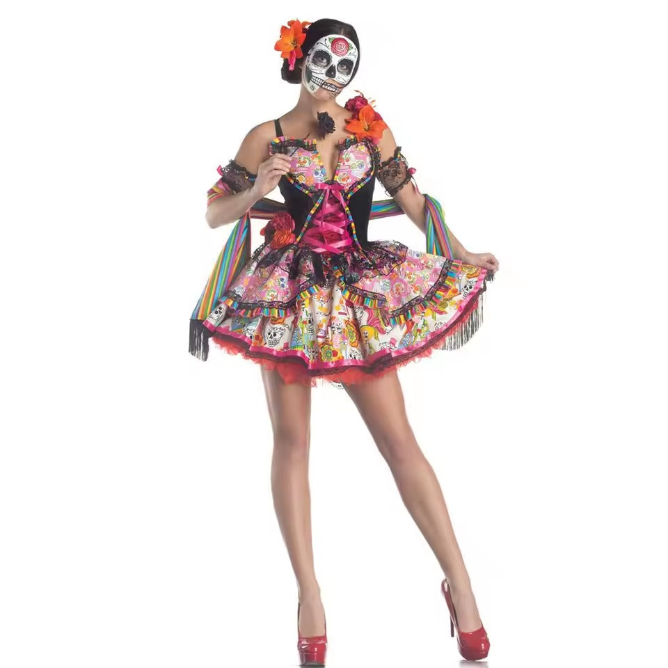 Halloween Costumes for Women, Skull Flower Fairy Dress, Ghost Bride Gown, Day of the Dead Outfit, Vampire Zombie Cosplay Dress
