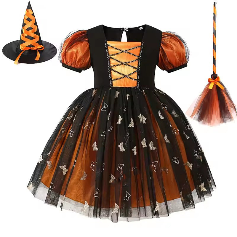 Kids Witch Halloween Costumes Dress, Toddler Girls Pumpkin Witch Outfit, Orange Black Tutu Dress for Halloween Party Cosplay, Halloween Costumes For Kids