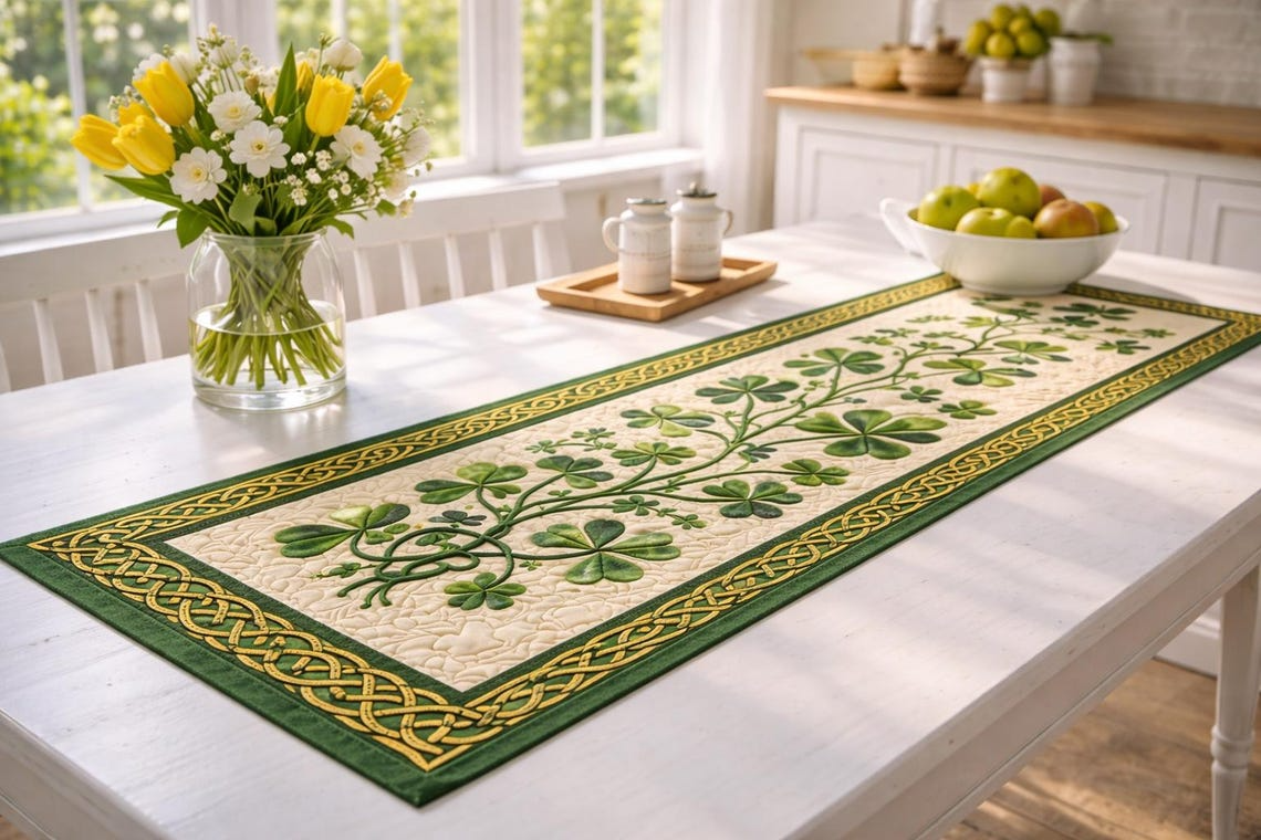 St. Patrick’s Day Shamrock Table Runner - Irish Clover Green Home Decor Accent