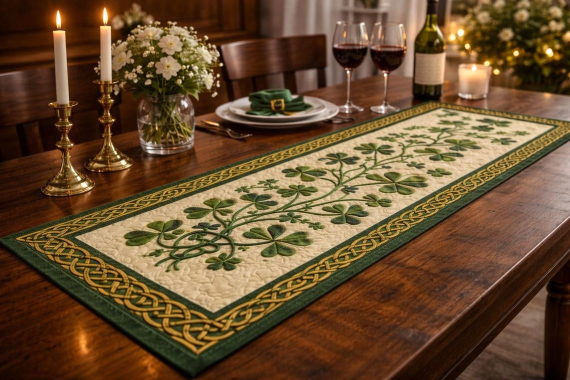 St. Patrick’s Day Shamrock Table Runner - Irish Clover Green Home Decor Accent