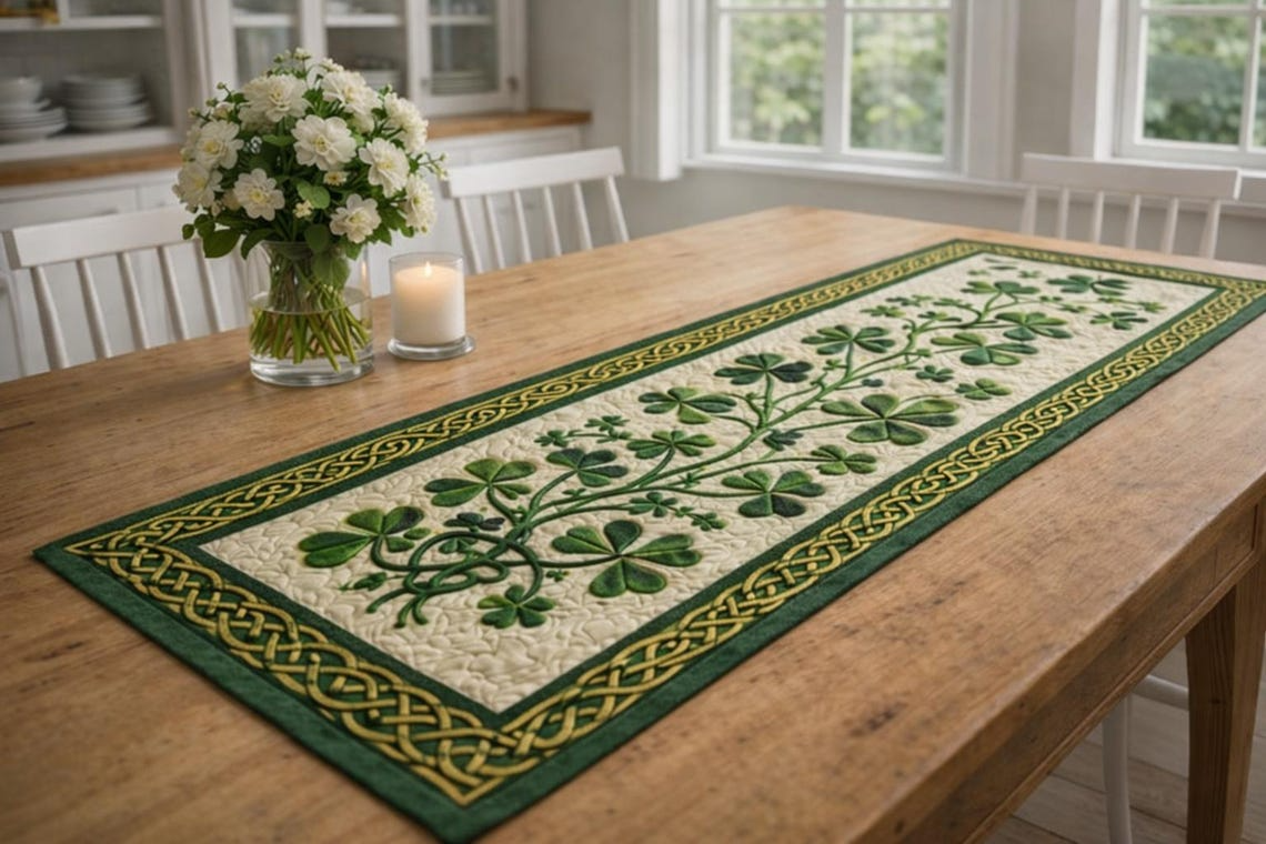St. Patrick’s Day Shamrock Table Runner - Irish Clover Green Home Decor Accent