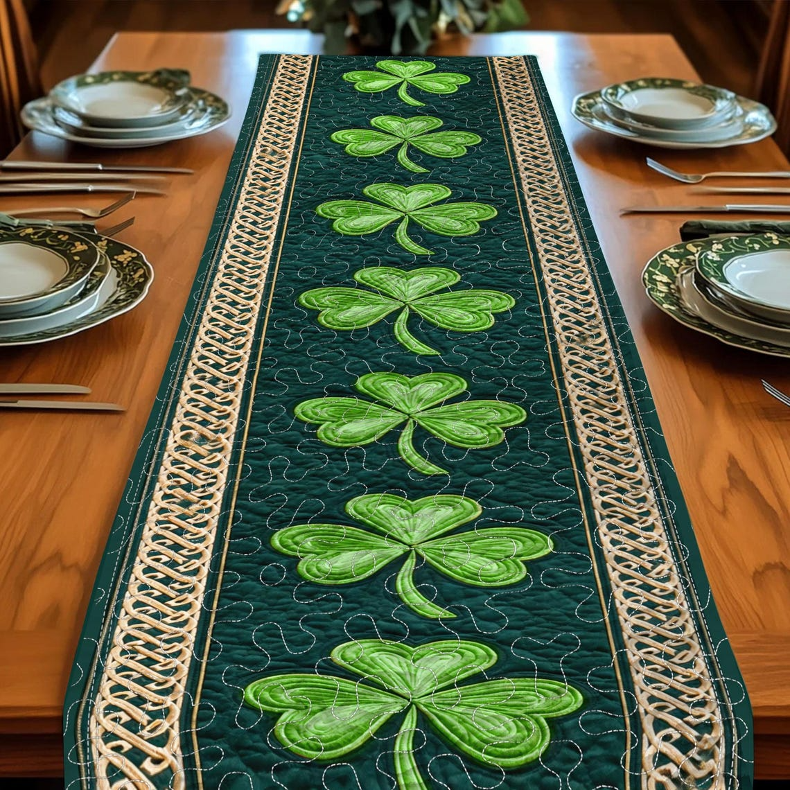 St. Patrick’s Day Shamrock Quilted Table Runner – Green Clover Dining Table Decor