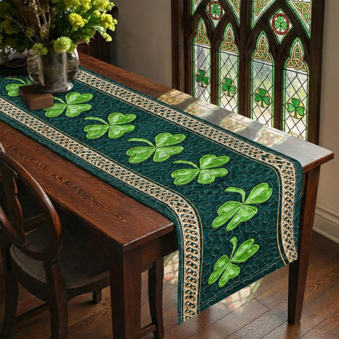 St. Patrick’s Day Shamrock Quilted Table Runner – Green Clover Dining Table Decor