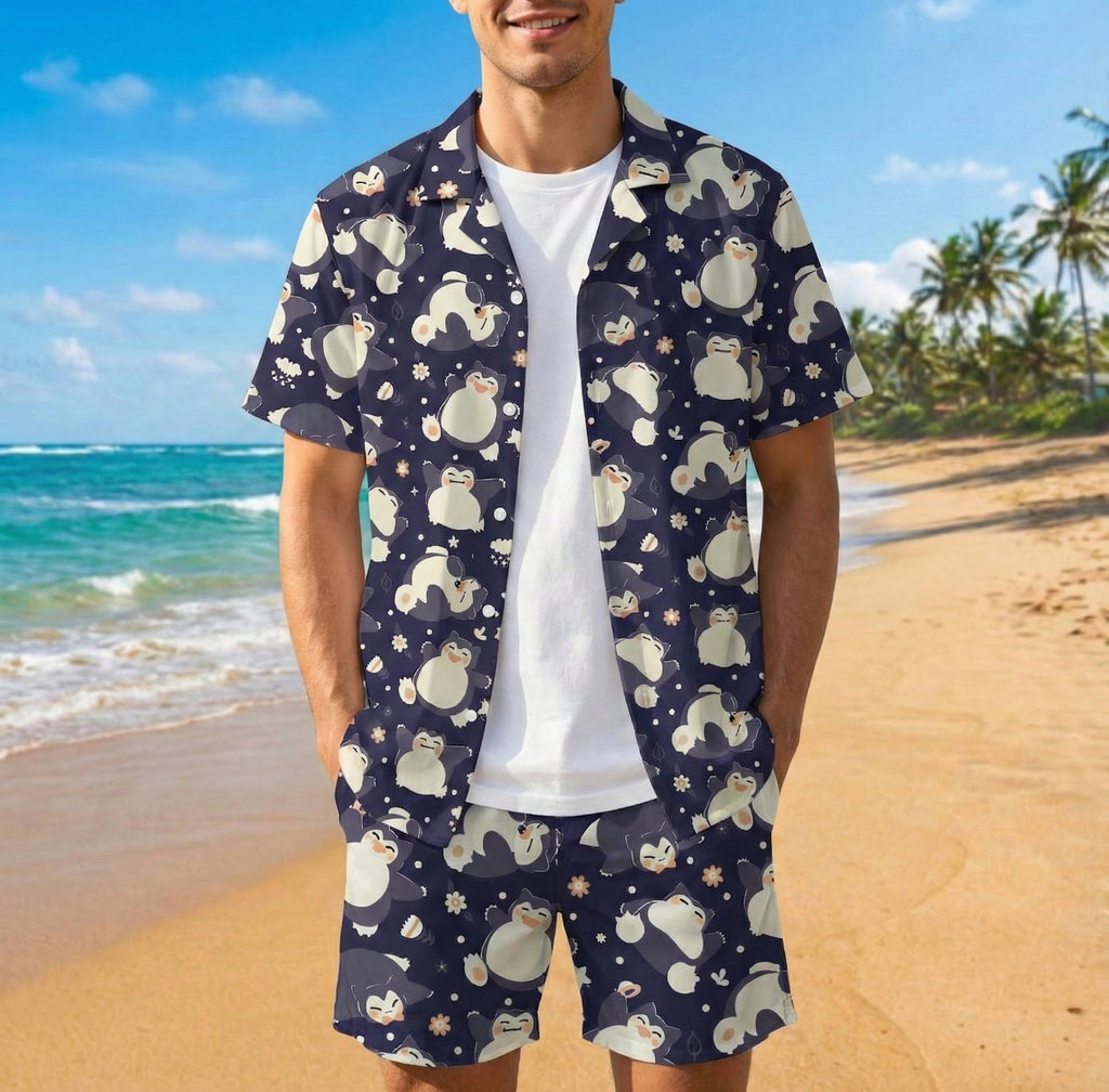 Snorlax Hawaiian Shirt - Tropical Button-Up Shirt, Summer Beach Shorts