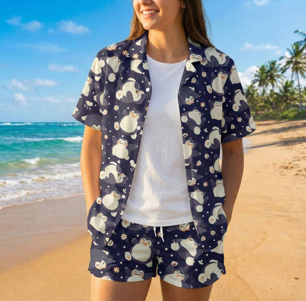 Snorlax Hawaiian Shirt - Tropical Button-Up Shirt, Summer Beach Shorts