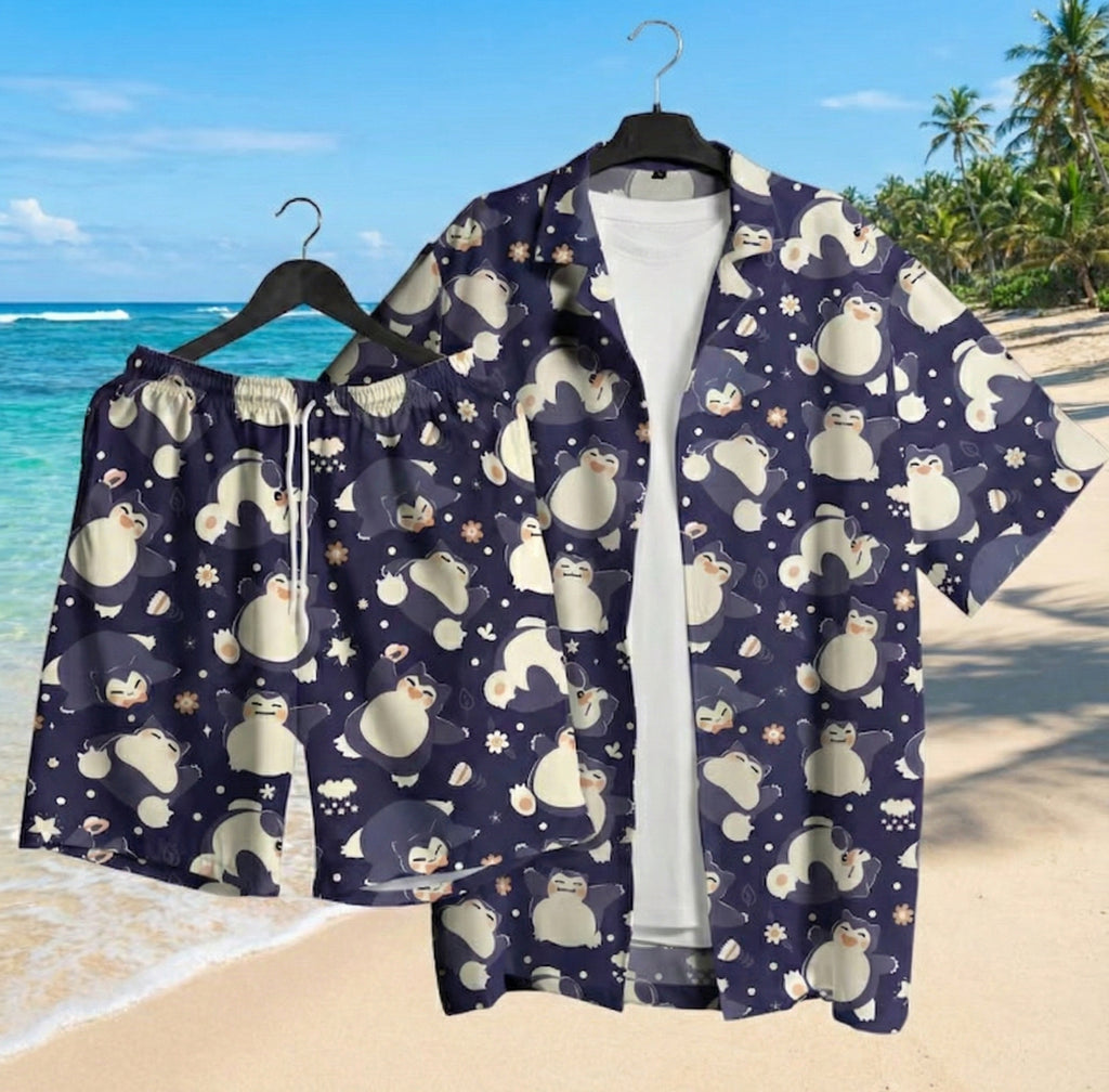 Snorlax Hawaiian Shirt - Tropical Button-Up Shirt, Summer Beach Shorts