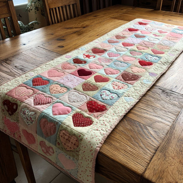 Soft Pastel Hearts Quilted Table Runner BTO2001062, Valentine’s Day Table Runner with Heart Pattern