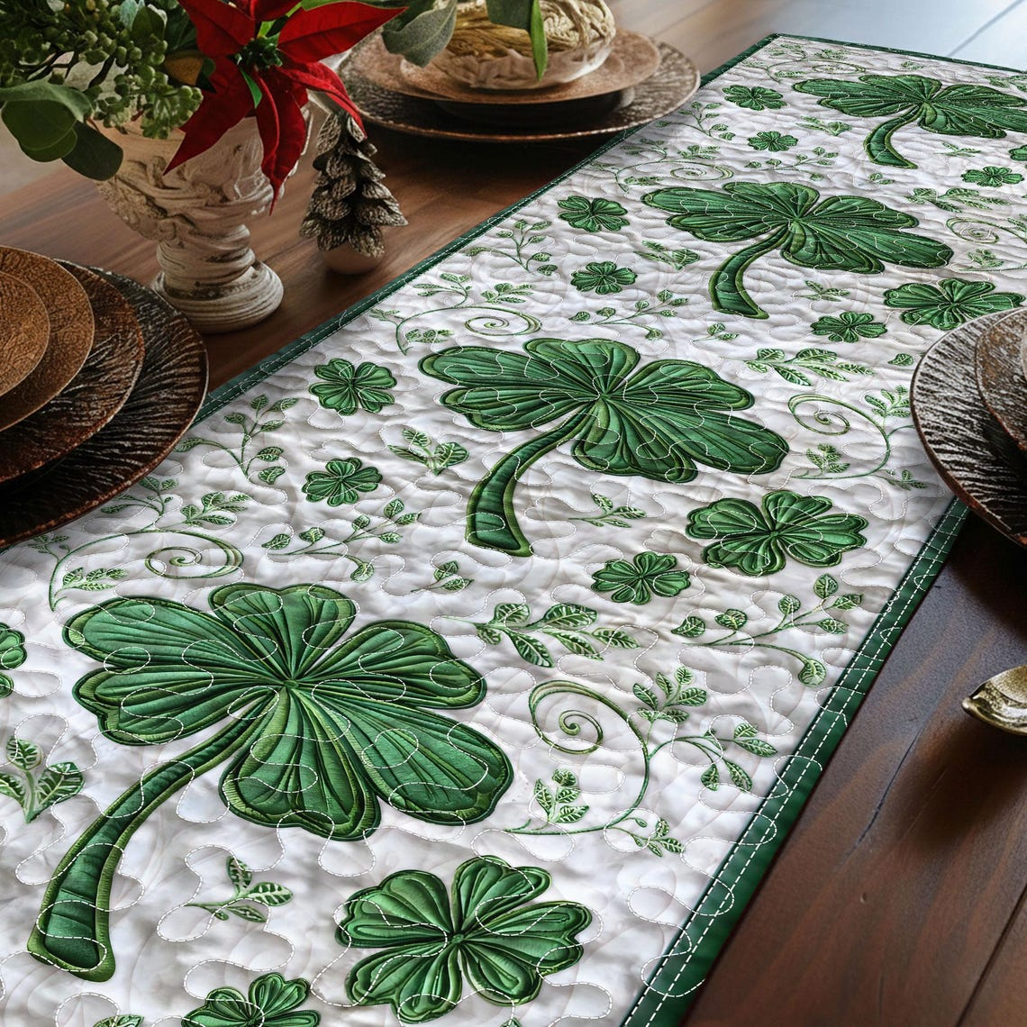 St. Patrick’s Day Quilted Table Runner - Green Shamrock Clover Table Decor for Dining Table