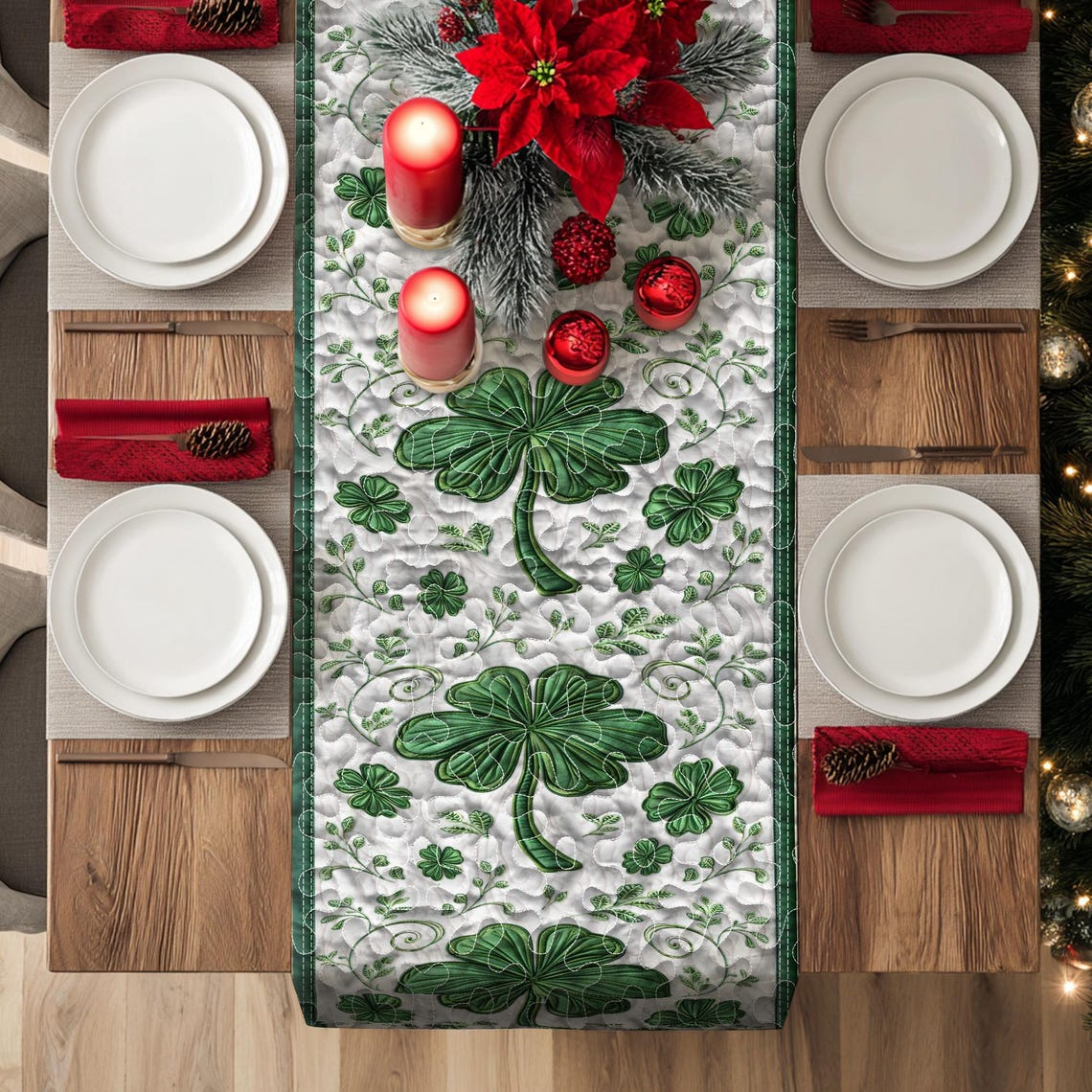 St. Patrick’s Day Quilted Table Runner - Green Shamrock Clover Table Decor for Dining Table