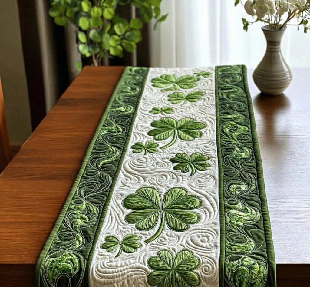 St. Patrick’s Day Quilted Table Runner - Irish Shamrock Four Leaf Clover Table