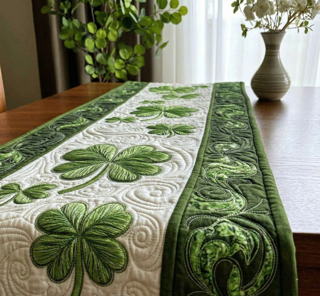 St. Patrick’s Day Quilted Table Runner - Irish Shamrock Four Leaf Clover Table