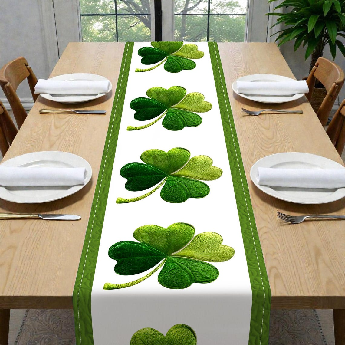 St. Patrick’s Day Table Runner - Green Shamrock Clover Table Decor for Dining Table