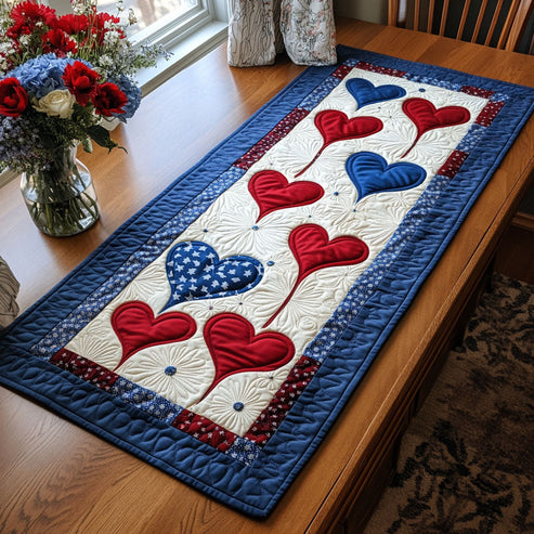 Star-Spangled Heart Quilted Table Runner BTO2001034, Valentine’s Day Table Runner with Heart Pattern