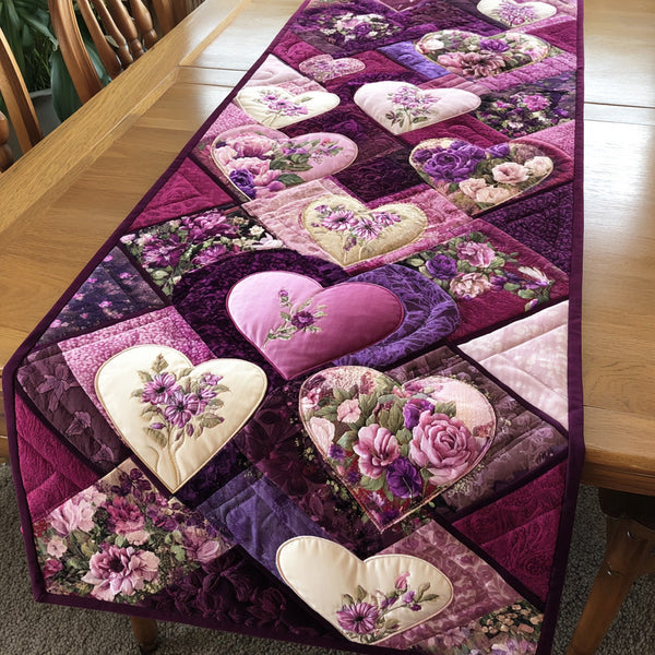 Tender Blooms Quilted Table Runner BTO2001095, Valentine’s Day Table Runner with Heart Pattern
