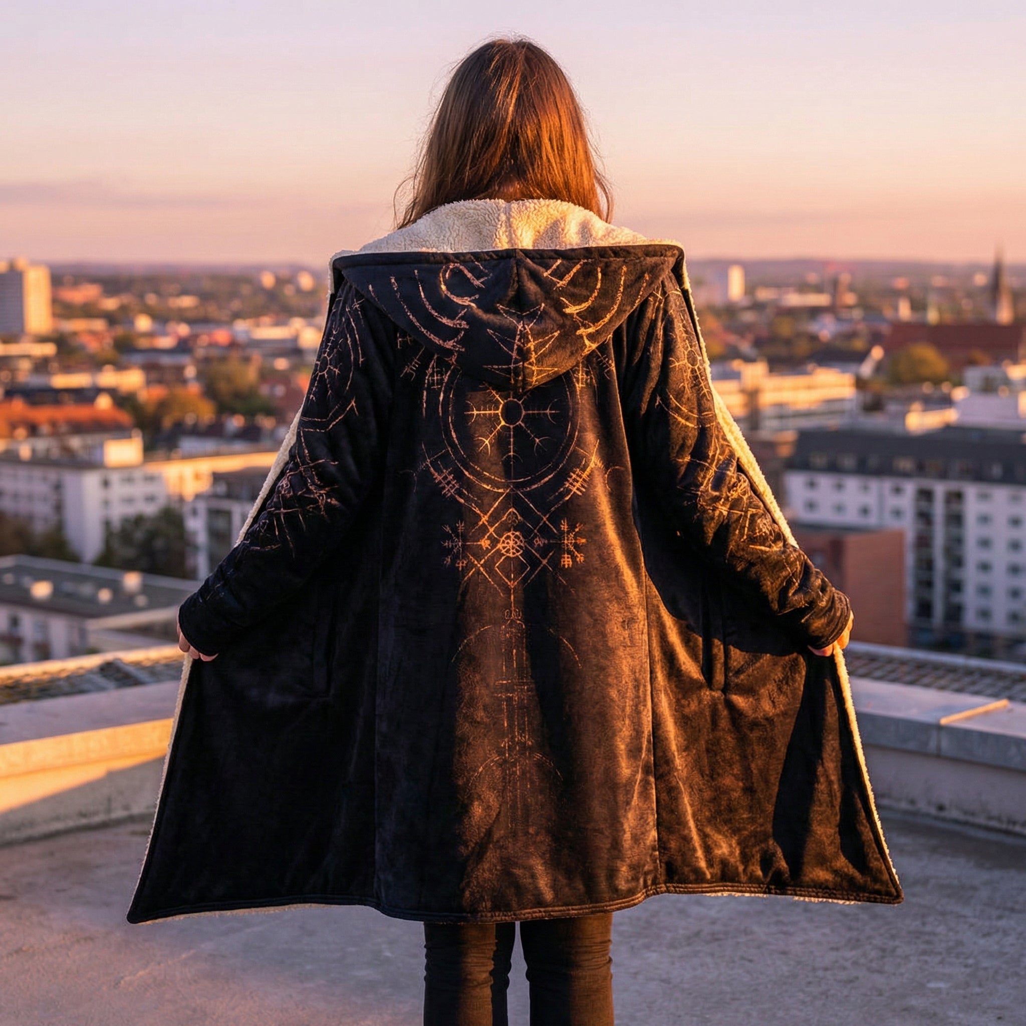 The Stave Rune Cloak – Nordic Stave Symbol Hooded Cloak with Faux Fur Lining, Mystic Norse Winter Cape