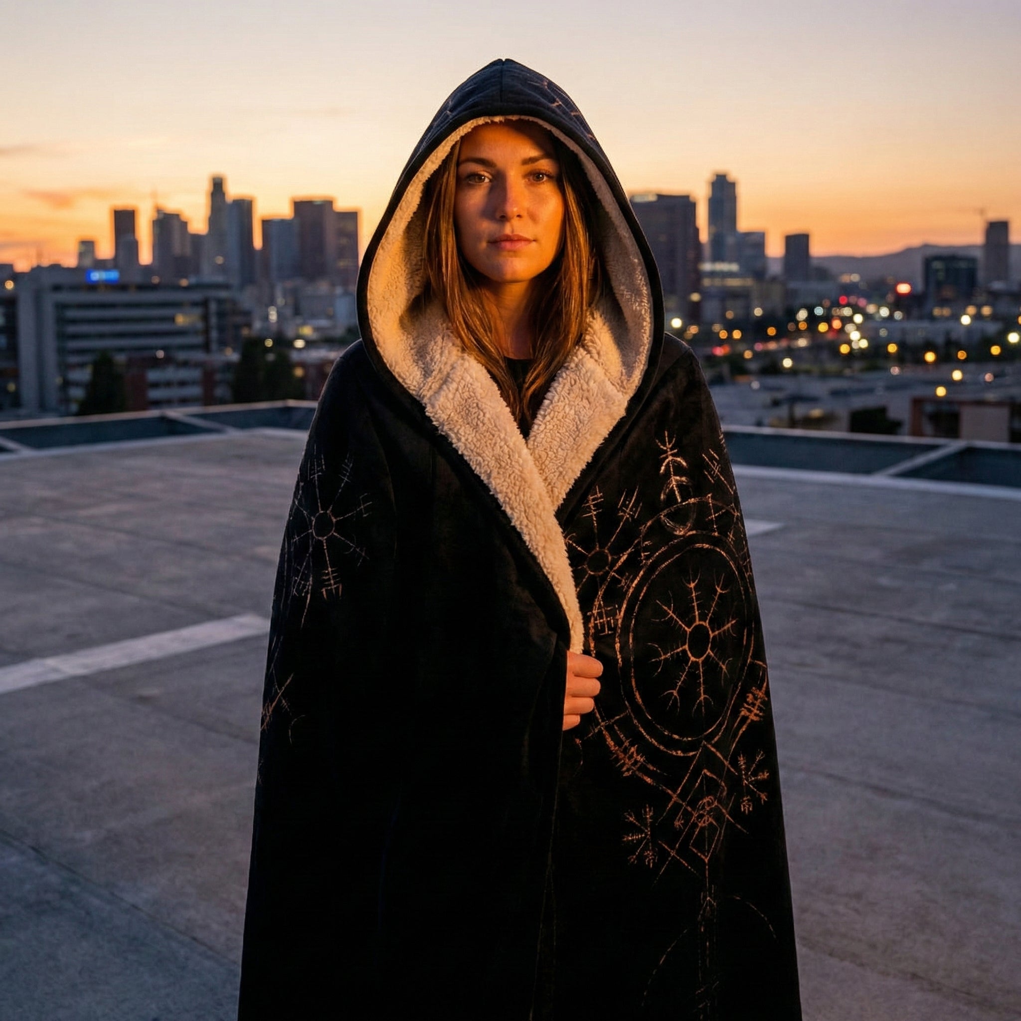 The Stave Rune Cloak – Nordic Stave Symbol Hooded Cloak with Faux Fur Lining, Mystic Norse Winter Cape