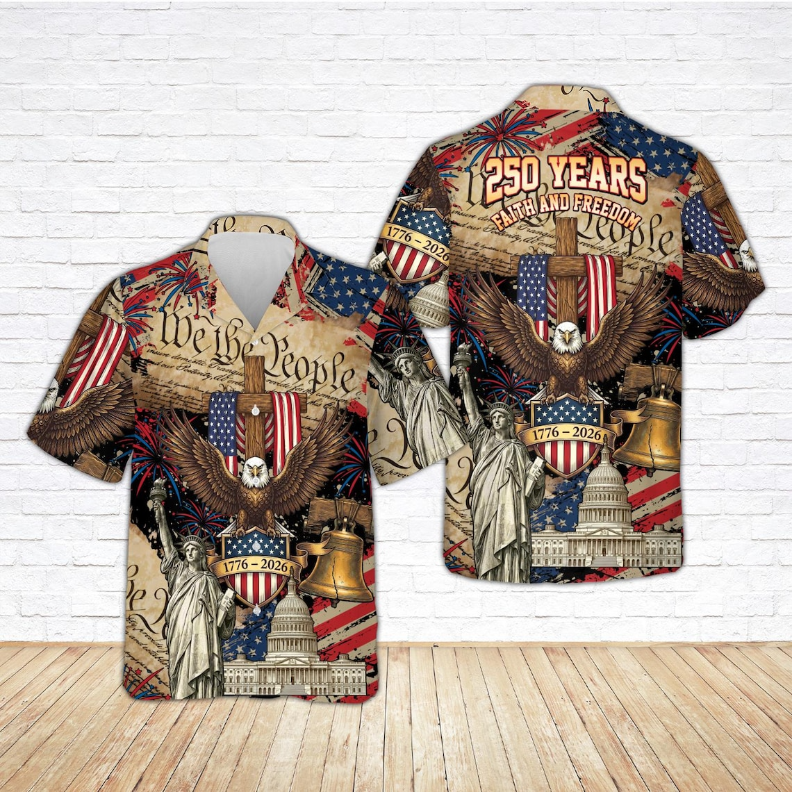 USA 250th Anniversary Hawaiian Shirt – Patriotic Eagle & Statue of Liberty Button-Up