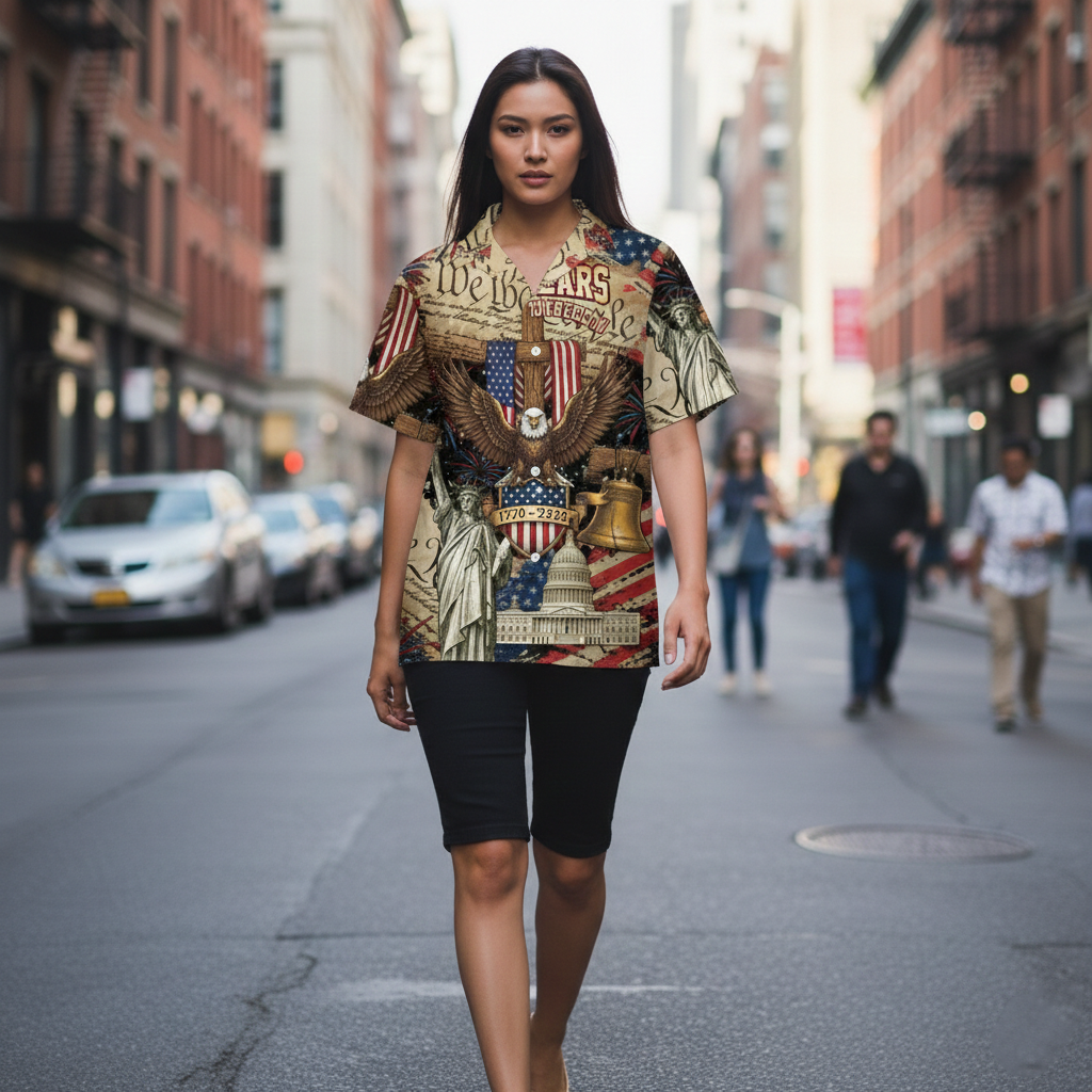 USA 250th Anniversary Hawaiian Shirt – Patriotic Eagle & Statue of Liberty Button-Up