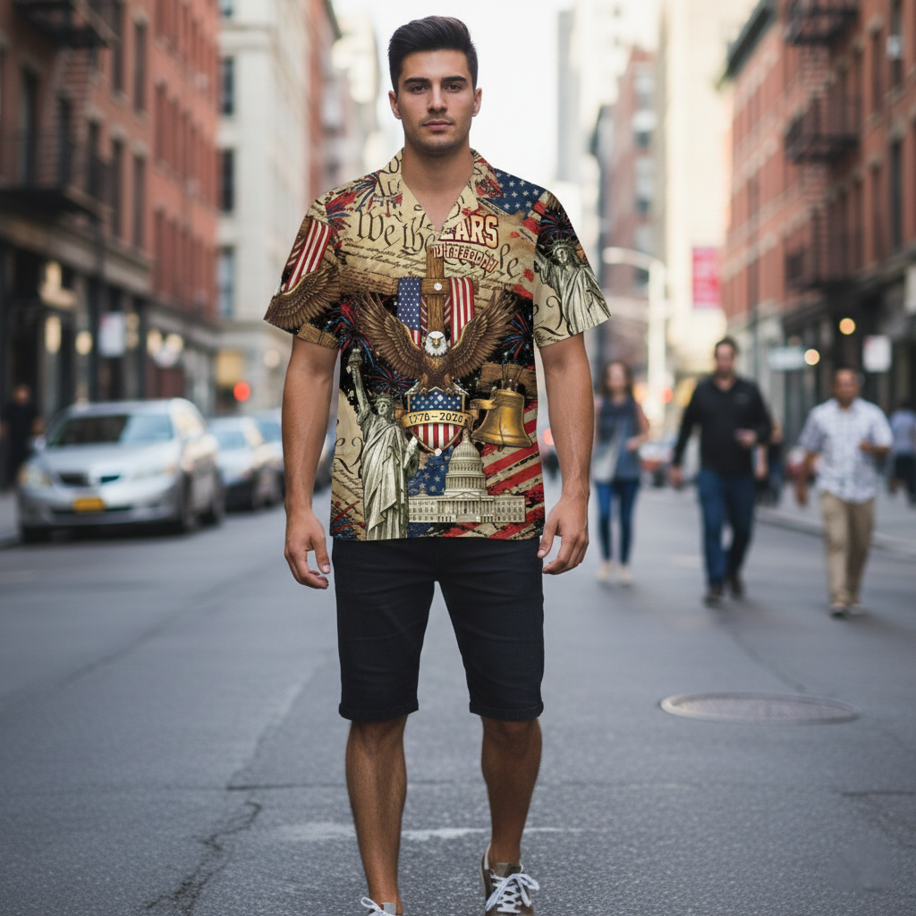 USA 250th Anniversary Hawaiian Shirt – Patriotic Eagle & Statue of Liberty Button-Up