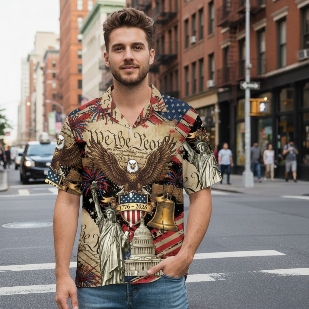 America 250 Years Hawaiian Shirt – Patriotic Button-Up with Eagle and Statue of Liberty